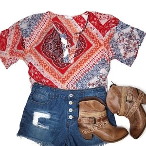 Love kyla NWT Mahalia tunic top red blue ornage and white small boho festival